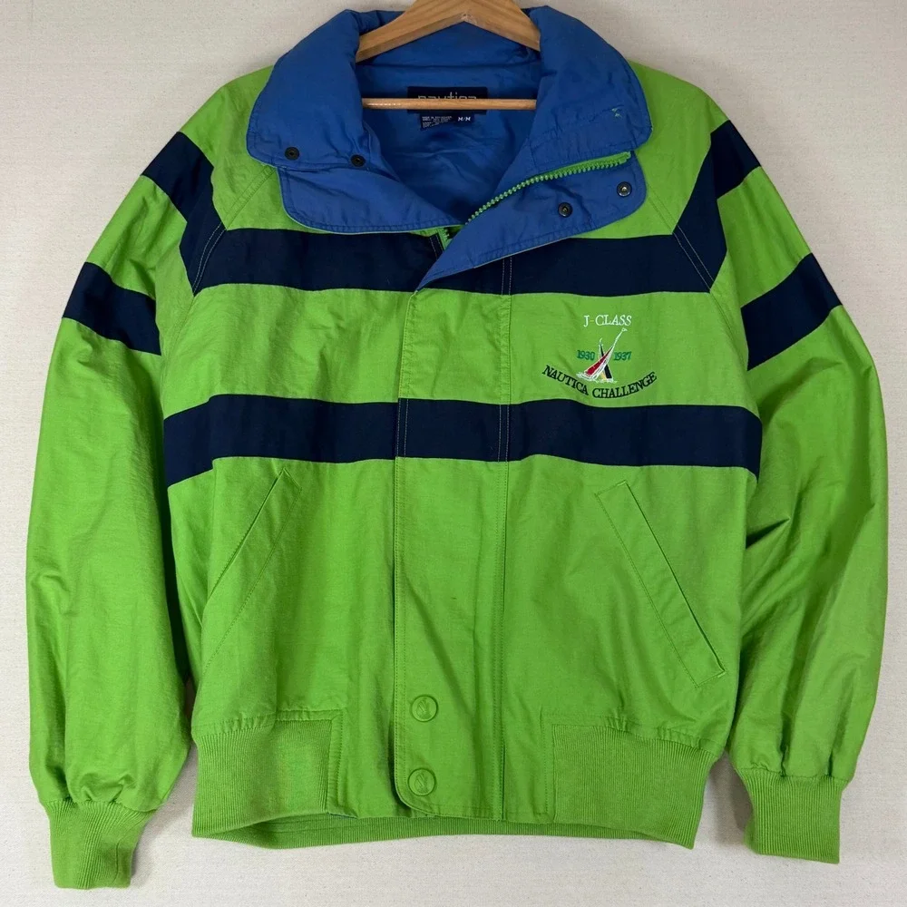 Vintage Nautica Challenge J-Class Jacket Mens Medium Green Striped Windbreaker